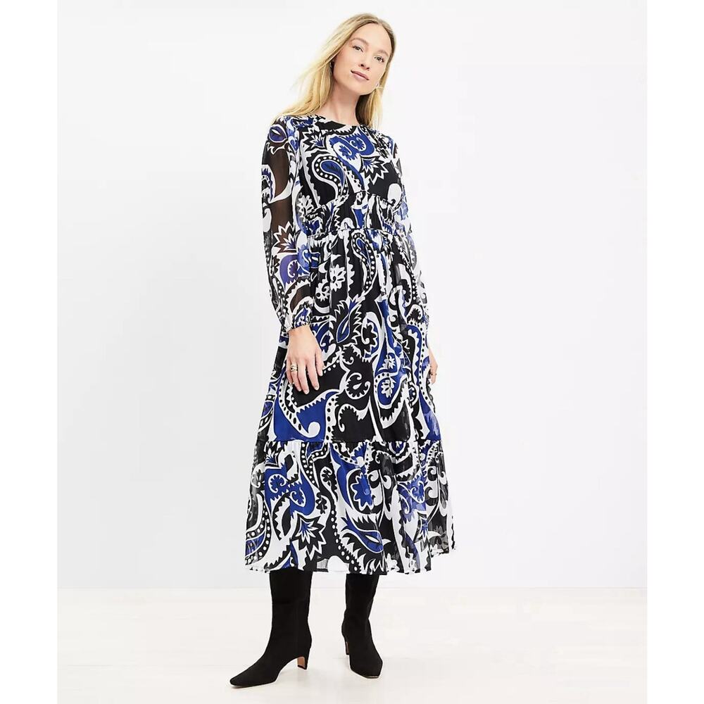 Loft Blue Black Paisley Shirred Flounce Long Sleeve Midi Dress Size 10 NWT